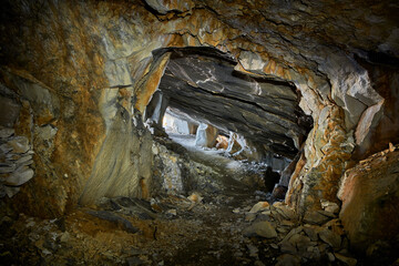 Beautiful Limestone cave, Old Oolitic stone quarries in Massone, The extracted stone, called...