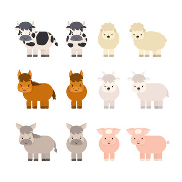 Set of farm cute cartoon animals. Cow with udder, lamb, horse, goat, donkey, pig. Vector isolated illustration on white background, flat style, profile and full face views
