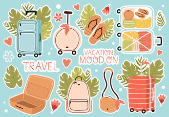 Set of travel stuff. Luggage bags, suitcase, baggage, flip flops, tropical, palm leafs. Hand drawn cartoon style vector illustration, stickers, isolated. Vacation, holidays, summer set with lettering.