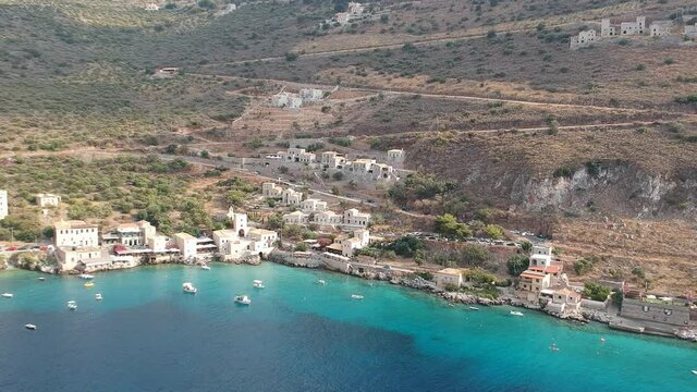 Iconic aerial view over the picturesque famous Limeni village in Mani area Laconia, Greece