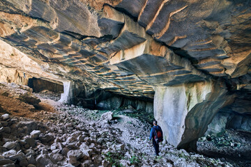 Beautiful Limestone cave, Old Oolitic stone quarries in Massone, The extracted stone, called "statuary stone"Arco, Italy. Bosco Caproni