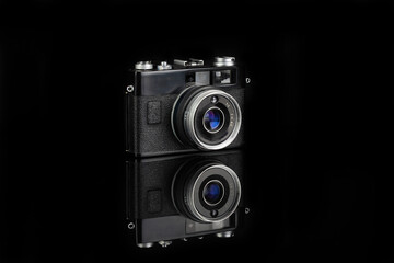 The old rangefinder automatic film camera on black glass background with reflection.