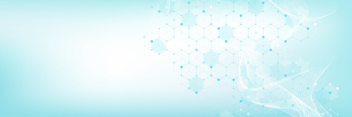 Obraz premium Molecular abstract structure and genetic engineering, healthcare and medicine background. Scientific research background. Wave flow, innovation pattern. Vector illustration.
