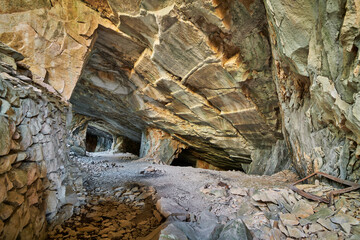 Beautiful Limestone cave, Old Oolitic stone quarries in Massone, The extracted stone, called...