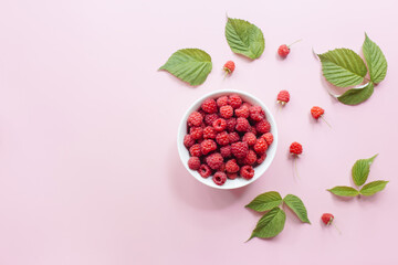 Fresh raspberries in white bowl and green leaves on pastel pink background. Flat lay, top view, copy space