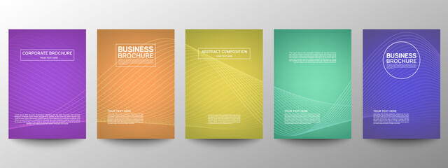 Cover geometric minimal. Set. Vector abstract line pattern for poster design. Set of templates for business brochures. Cool gradients. Graphic pattern for annual album backdrop.