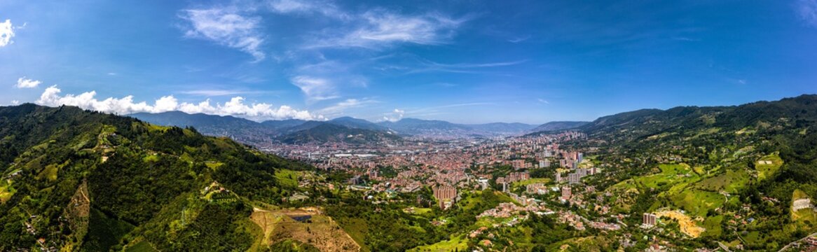 The Medellin City In The Andes Mountains Colombia Aerial Panorama View