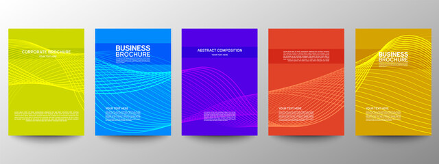 Cover geometric minimal. Set. Vector abstract line pattern for poster design. Set of templates for business brochures. Cool gradients. Graphic pattern for annual album backdrop.