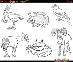 cartoon animals characters set coloring book page