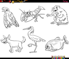 cartoon wild animals characters set coloring book page