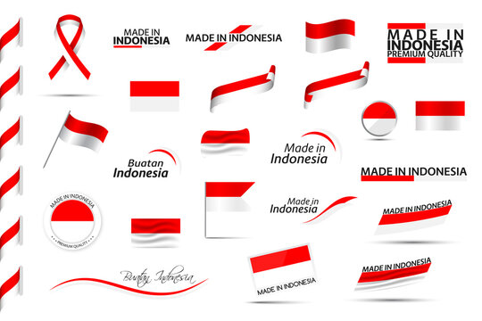 Big vector set of Indonesian ribbons, symbols, icons and flags isolated on a white background. Made in Indonesia, premium quality, Indonesian national colors. Set for your infographics and templates