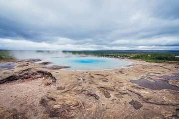 View on Great Geysir in Haukadalur valley geothermal area in Iceland