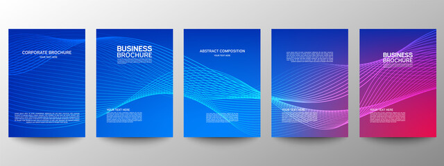 Fototapeta premium Cover geometric minimal. Set. Vector abstract line pattern for poster design. Set of templates for business brochures. Cool gradients. Graphic pattern for annual album backdrop.