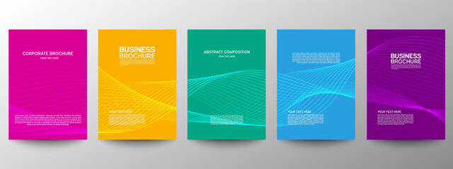 Cover geometric minimal. Set. Vector abstract line pattern for poster design. Set of templates for business brochures. Cool gradients. Graphic pattern for annual album backdrop.
