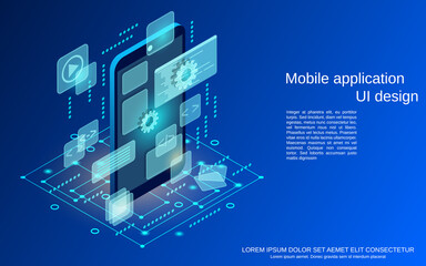 Mobile application UI design, program coding flat 3d isometric vector concept illustration