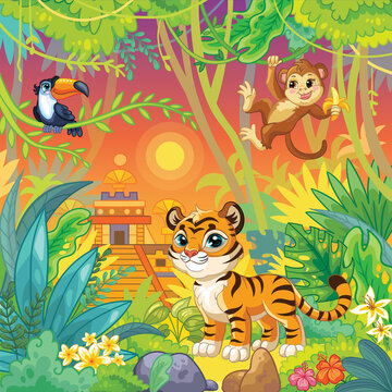 Cartoon vector wildlife animals landscape stock illustration