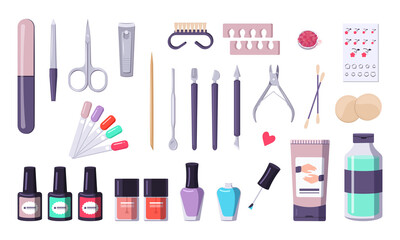 A set of tools for manicure. Equipment collection: nail files, nippers, scissors. Caring for the health of hands and nails. Beauty salon icons