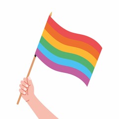 Rainbow flag in hand. Pride flag, hand holding lgbt symbol isolated on white background, vector illustration