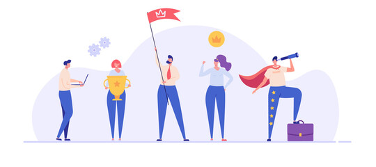 Best team of people illustration. Characters with reward cup, flag and telescope. Successful teamwork, career success, teambuilding. Vector illustration in flat design for web banners.