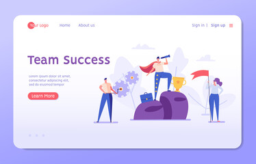 Best team of people illustration. Characters with reward cup, flag and telescope. Successful teamwork, career success, teambuilding. Vector illustration in flat design for web banners.