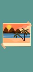 Vector illustration,  image in the style of a photograph, glued with tape, depicting a tropical sunset against a background of mountains, clouds, ocean, sand, palms in retro colors