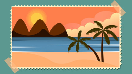 Vector illustration,  image in the style of a photograph, glued with tape, depicting a tropical sunset against a background of mountains, clouds, ocean, sand, palms in retro colors