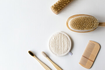 Bamboo toothbrushes, wood hairbrush, face wash, natural bristle brush. Eco friendly stuff concept....