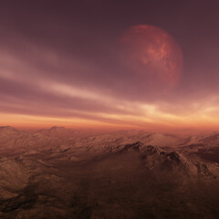 3d rendered Space Art: Alien Planet - A Fantasy Landscape with red planet and red skies