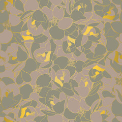 Beautiful hand drawn flowers in green and beige with gold outline. Elegant floral seamless vector pattern suitable for fashion fabrics, wallpapers, curtains and upholstery.