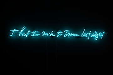 Blue Neon sign on a wall saying "I had too much to dream last night" A glowing neon sign as a interior decoration