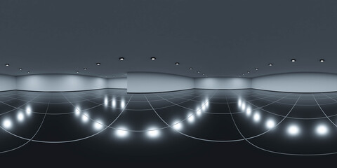 360 panorama spherical view of big empty modern minimalistic room with spotlights, dark floor and reflections 3d render illustration hdri vr style © eliahinsomnia