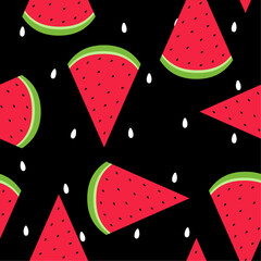 Watermelon seamless pattern Vector illustration in flat design Ripe pieces of watermelon with white seeds on black background
