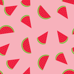 Sweet fruit seamless pattern Vector illustration in flat design Different slices of watermelon on pink background