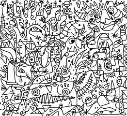 Black and white cartoon pattern on white background, abstract design