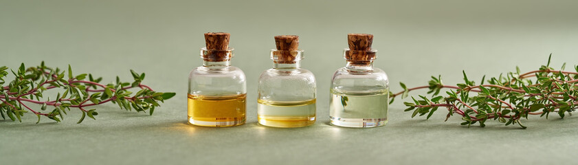 Panoramic banner of three bottles of essential oil with fresh thyme twigs on green background