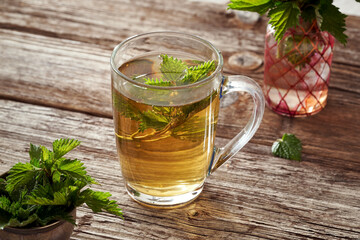 A cup of herbal tea with fresh stinging nettles collected in spring