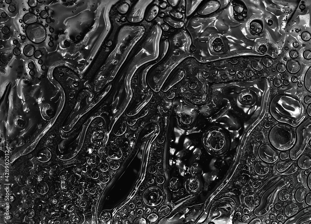 Poster black fluid and bubbles texture abstract background macro closeup