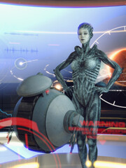 A 3d digital render of an alien woman looking at a round robot with a warning display in the foreground.