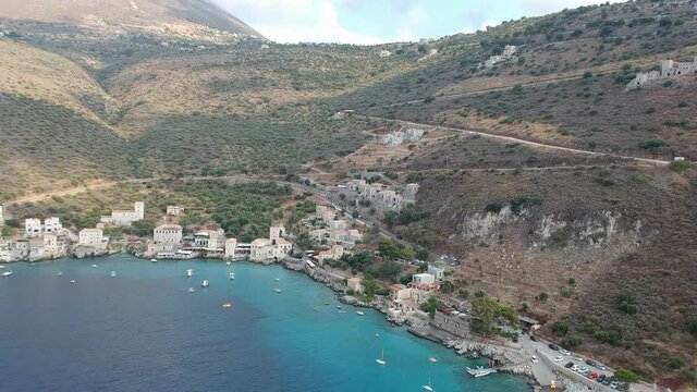 Iconic aerial view over the picturesque famous Limeni village in Mani area Laconia, Greece
