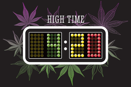 420 Creative Concept as Sport Digital Scoreboard Clock Decorated with Marijuana or Cannabis Leaves - Rastafarian Multicolor on Black Background - Flat Graphic Design