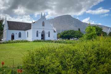 Historic Nederduitse Gereformeerde, Dutch Reformed Church on the main street in Franschhoek, South Africa