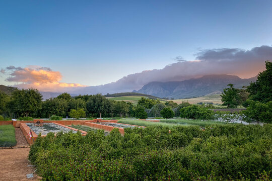 Scenery at formal garden of Babylonstoren farm with Simonsberg mountain covered with clouds at sunset.