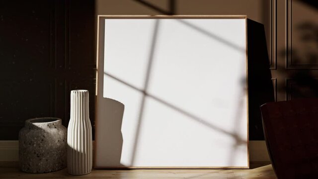 Frame Mockup video with intense sunlight shadow and dust interior design square