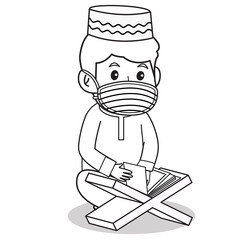 Muslim boy use red dress traditional muslim. reading al-quran holly book in ramadan month, using mask and healthy protocol.Character illustration.