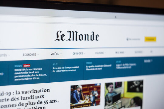 PARIS, FRANCE - APRIL 11, 2021: Selective blur on the logo of Le Monde on their digital version, the lemonde.fr website. Le Monde is a French newspaper, a reference of French press
