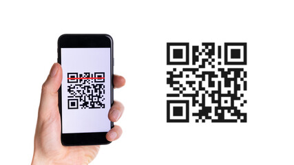 Id qr. Hand holding mobile smartphone screen for online pay, scan barcode technology with qr code scanner on digital smart phone. Qrcode payment, online shopping, cashless technology concept.