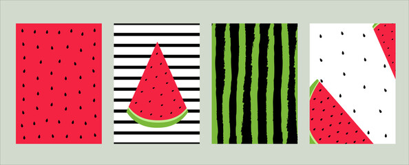 Watermelon design template Vector illustration in flat design Set of patterns and postcards with slices of ripe watermelon, seeds and fruit peel