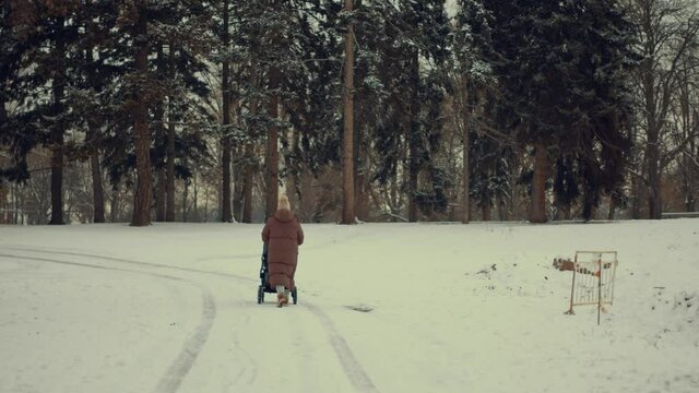 woman pushes stroller snow winter park Prague