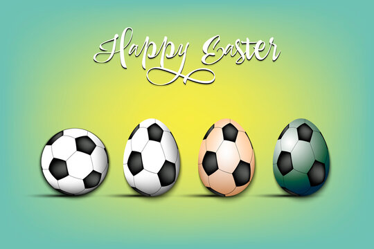 Happy Easter. Soccer ball and eggs decorated in the form of a soccer ball on an isolated background. Pattern for greeting card, banner, poster, invitation. Vector illustration
