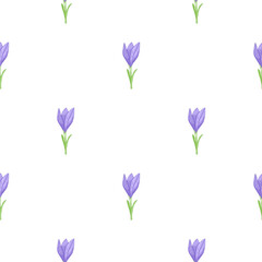 Isolated seamless doodle pattern with simple blue outline crocus flower elements. White background.